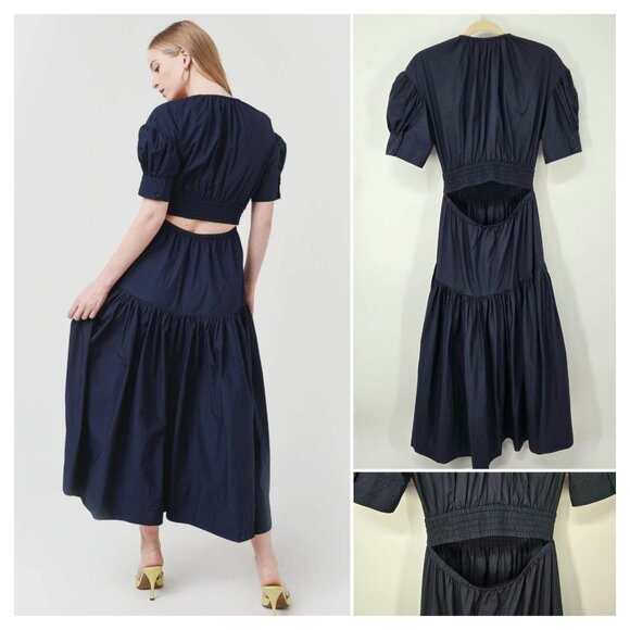 A.L.C. Blue Becca Midi Dress with Puff Sleeves and Flared Skirt Women's Size 8 - Picture 7 of 12